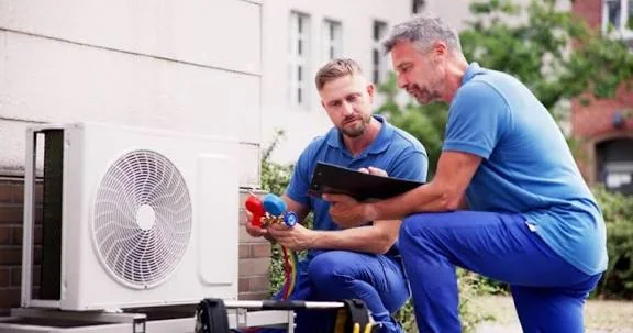 Two HVAC technicians reviewing service gauges beside an outdoor cooling system