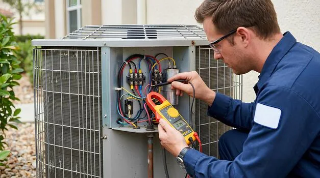 Technician testing electrical components in a residential air conditioning condenser