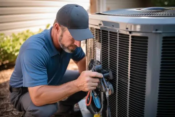 Technician connecting service gauges to a residential outdoor AC unit
